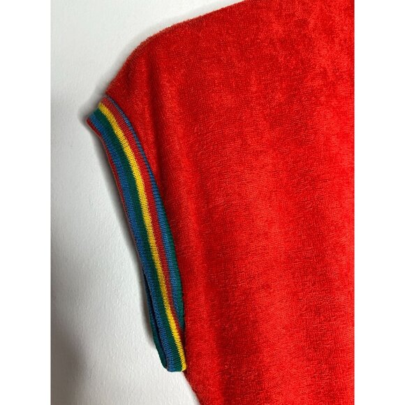 Vintage 70s Red Terry Cloth Dress Rainbow Trim Pocket Elastic Waist Womens XS - Picture 5 of 10